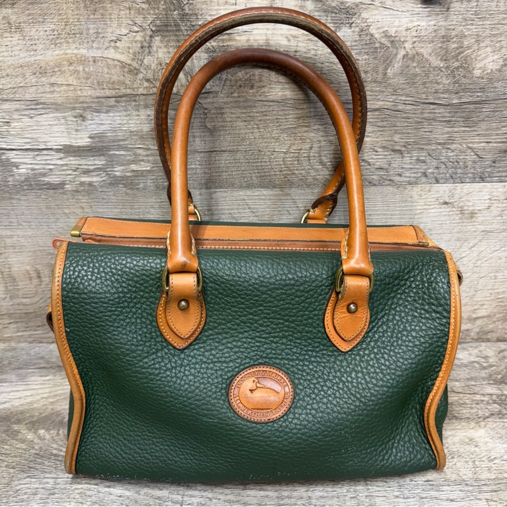 Dooney & Bourke Forest Green Pebbled Leather Satchel with Tan Trim